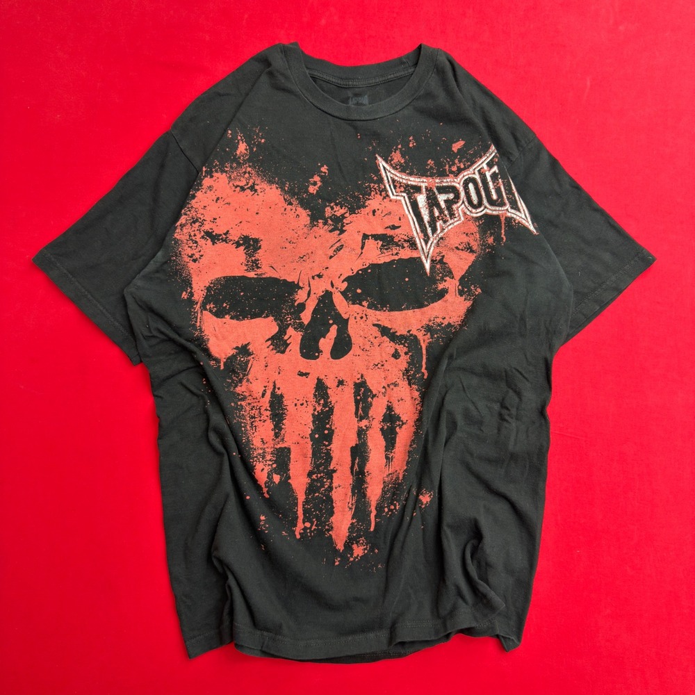 VTG Y2K Tapout Mens XL Black Red Skull Graphic T-Shirt MMA Sports Distressed Tee